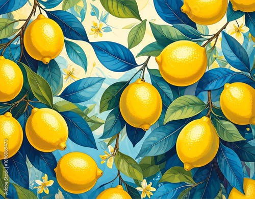 Vibrant lemon orchard, lush leaves and flowers