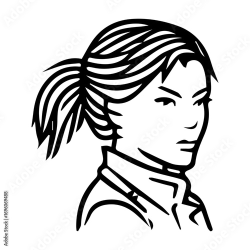 A woman with a ponytail and a frowning expression