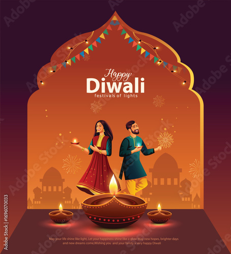 Indian festival Happy Diwali with Diwali props, holiday Background, Diwali celebration greeting card, vector illustration design