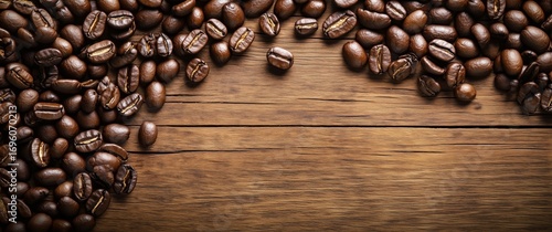 Dark Roasted Coffee Beans Scattered on a Wooden Surface Creating an Inviting ...