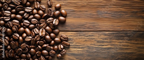 Dark Roasted Coffee Beans Scattered on a Wooden Surface Creating an Inviting ...