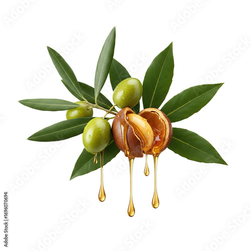 Golden argan oil dripping from a nut and olives on a branch, natural beauty and wellness concept