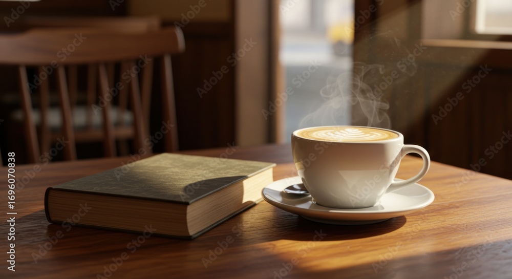 Fototapeta premium Cup of coffee steaming a book on a wooden table bathed in sunlight