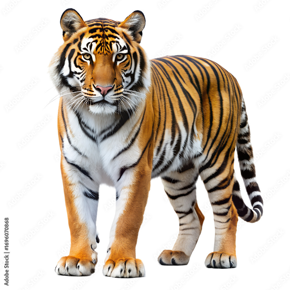 Fototapeta premium Magnificent tiger isolated on transparent background, standing with grace and power, displaying its distinctive stripes in a captivating fullbody view