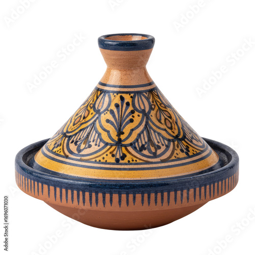 Stunning Moroccan tagine with intricate blue and yellow design, a culinary delight for authentic dishes
