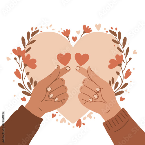 Couple's hands touching heart surrounded by flowers for New Year 2026  