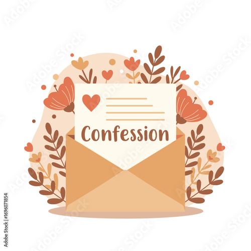 Letter of confession with decorative flowers and butterflies in pastel tones  