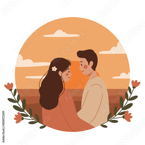 Young couple gazing into each other's eyes during sunset in nature Concept of New Year 2026  
