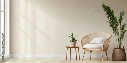 Cozy Interior Design Featuring a Rattan Chair and Houseplants in a Serene Liv...