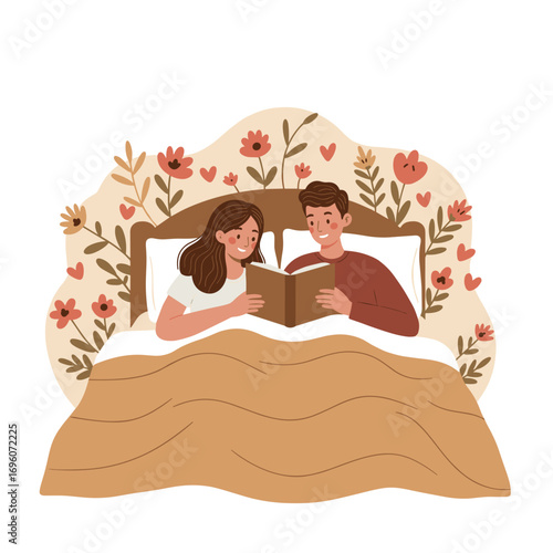 Young couple reading a book together in bed surrounded by flowers, Concept of New Year 2026  