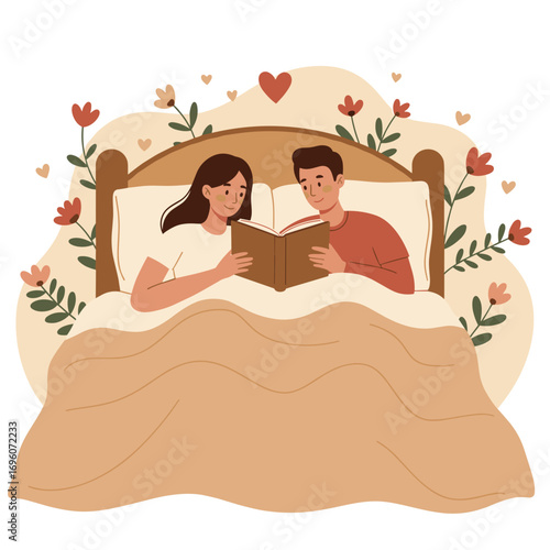 Young couple reading a book together in bed surrounded by flowers  
