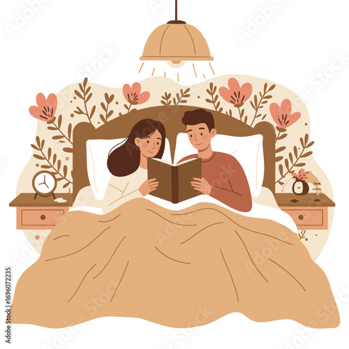 Young couple reading a book together in bed at home, Concept of New Year 2026  