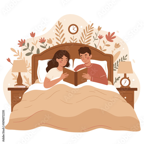 Couple reading a book together in bed at home surrounded by plants, concept of New Year 2026  