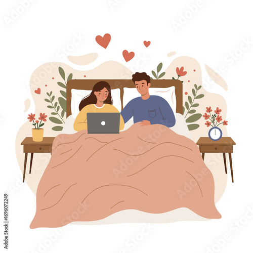 Couple using laptop together in bed with flowers and hearts, concept of New Year 2026  