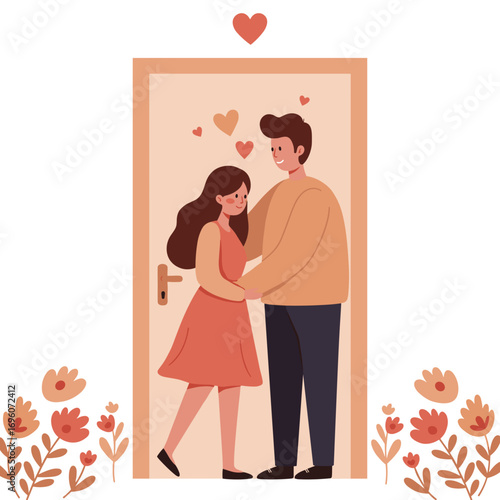 Young couple embracing at door surrounded by flowers and hearts - Concept of New Year 2026  