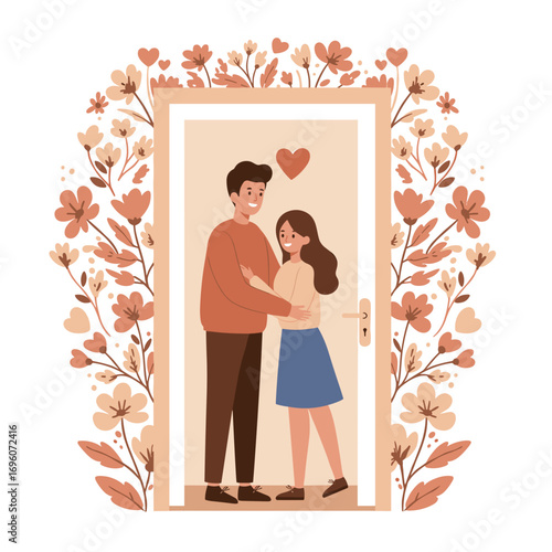 Young couple embracing in doorway surrounded by flowers and hearts, Concept of New Year 2026  