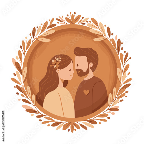 Couple embracing and smiling in floral round frame with warm colors  