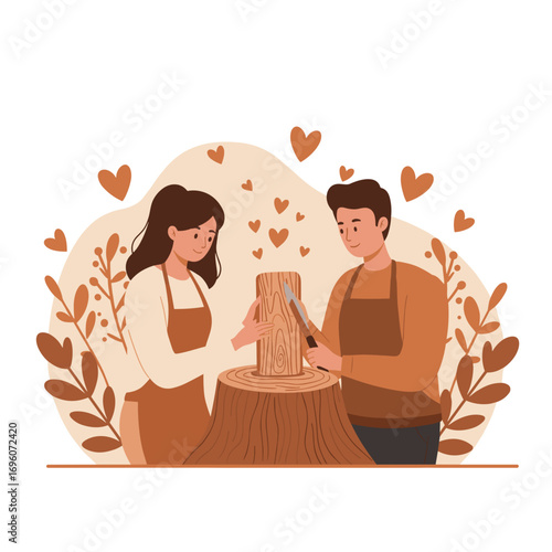 Young couple carving wood while sharing love and creativity for New Year 2026  