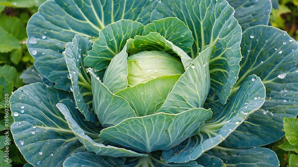 Obraz premium Fresh Green Cabbage in the Garden
