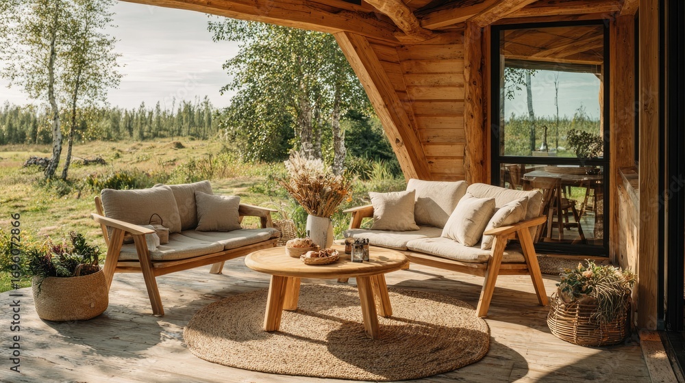 Wooden outdoor sofa set on a covered patio overlooking a grassy field. Wooden outdoor sofa set on a covered patio overlooking a grassy field.