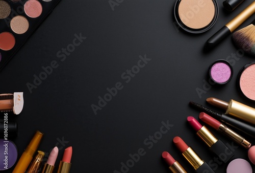 Colorful Makeup Arrangement on a Dark Background Ready for a Beauty Application.