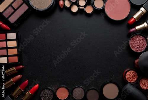 Vibrant Display of Makeup Products Arranged Artistically on a Dark Surface.