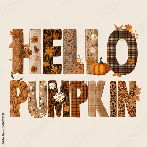 Hello Pumpkin Autumn Letters with Cozy Fall Patterns, Rustic Retro Colors, T-Shirt Design