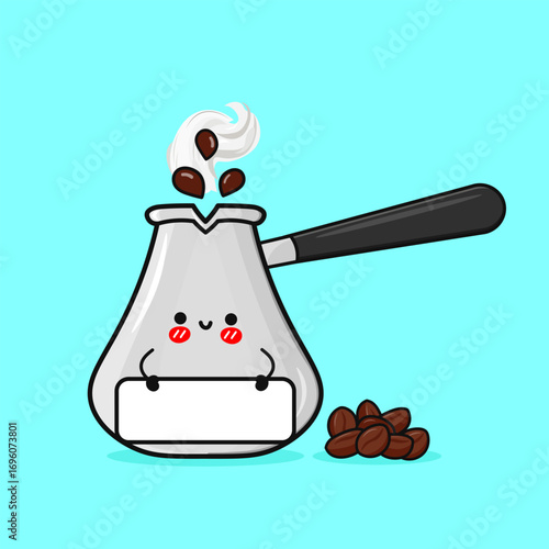 Cute cartoon coffee pot with beans and steam.