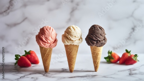 Three waffle cones with strawberry, vanilla, and chocolate flavors sit on a marble surface,