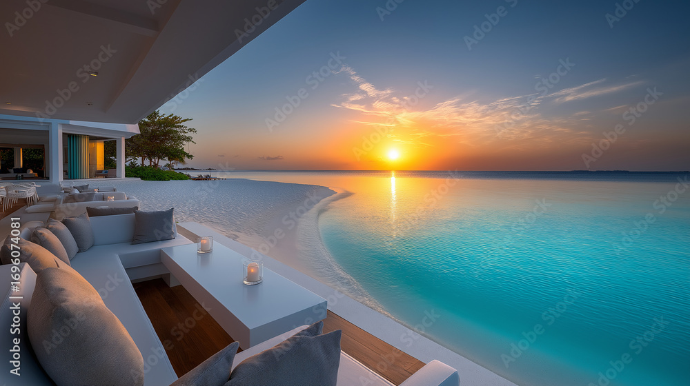 Fototapeta premium Luxuriöser Infinity-Pool bei Sonnenuntergang mit atemberaubendem Meerblick