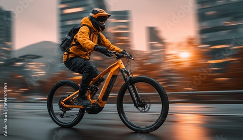 Cyclist in Bright Orange Gear Rides Swiftly Through Urban Streets During Sunset