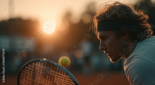 Tennis Player Preparing to Serve at Sunset on a Clay Court in Warm Golden Light