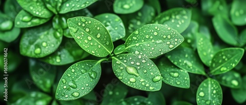 Fresh Green Leaves Covered With Water Droplets After Rain in a Lush Garden Se...