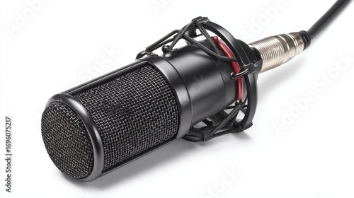 A professional cardioid condenser microphone with a black body, multiple grilles, shock mount,