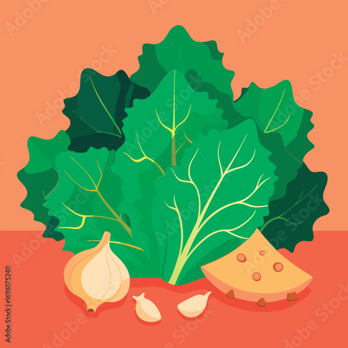 Fresh greens. garlic. and cheese.