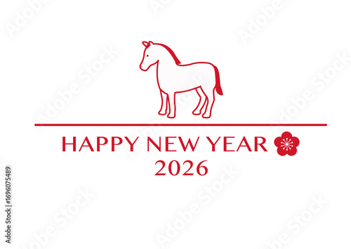 年賀状2026　ウマとHAPPY NEW YEARのシンプルなイラスト　テンプレート　