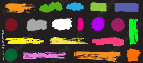 collection of various hand-painted brush strokes, swatches, and grunge texture elements in vibrant colors, ideal for graphic design, abstract grunge shapes collection.