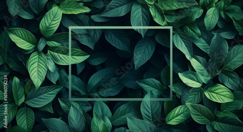 Lush Green Leaves Create a Natural Frame for a Blank Space in a Serene Botani...