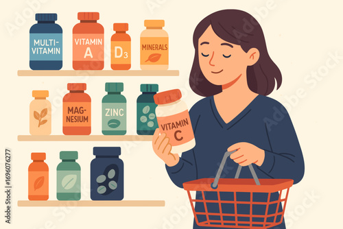 Woman Choosing Vitamins – Supplement Shopping Vector