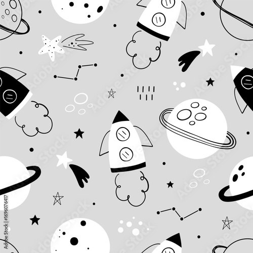Seamless pattern with cute planets, stars, ufo, earth, constellations, rockets, space, saturn on gray background. Creative kids texture for fabric, prints, wallpaper, decorations, textiles.