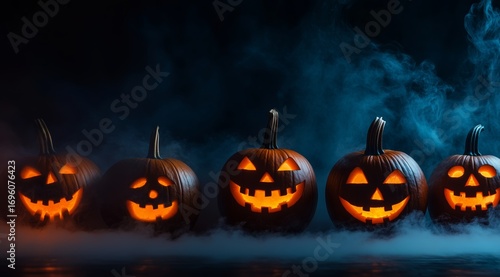 Creepy Halloween Pumpkins Glowing in the Dark Against a Foggy Background.