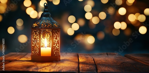 Lantern Casting Warm Glow Amid Twinkling Lights During Evening Gathering in a...