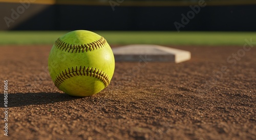Close-up of softball on infield dirt near first base.