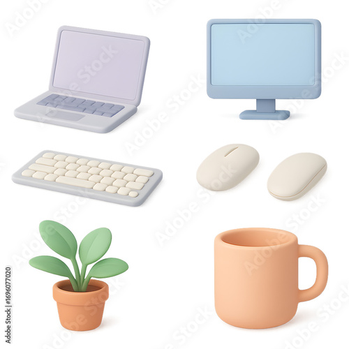 Office icons – desk setup 3D soft sticker set 6‑pack transparent PNG laptop, monitor, keyboard, mouse, desk plant, coffee mug