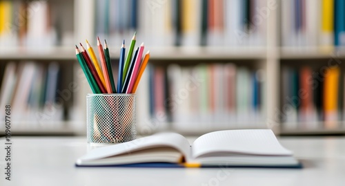 Colorful Pencils in a Holder Next to an Open Notebook in a Library Setting