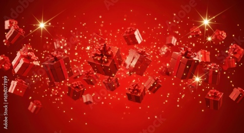 Red gift boxes with sparkling lights and glitter falling