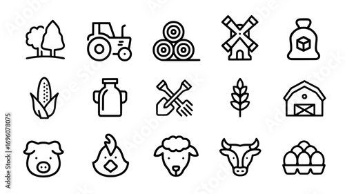 Agriculture and farming line icons set including tractor, tree, barn, crops, animals, food production, rural lifestyle, organic farming vector illustration