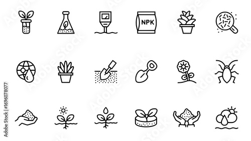 Plant and growth line icons set including seedling, pot, soil, fertilizer, laboratory, ecology, biology, organic farming, sustainability vector illustration