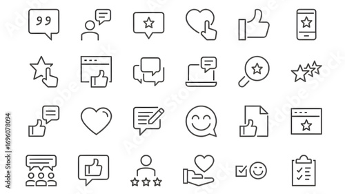 Communication and social media line icons set including chat, like, heart, star, feedback, comment, share, rating, interaction, user engagement vector illustration