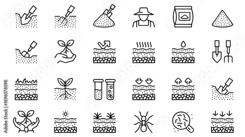 Soil and farming process line icons set including layers, crop growth, digging, planting, irrigation, agriculture science, field cultivation vector illustration